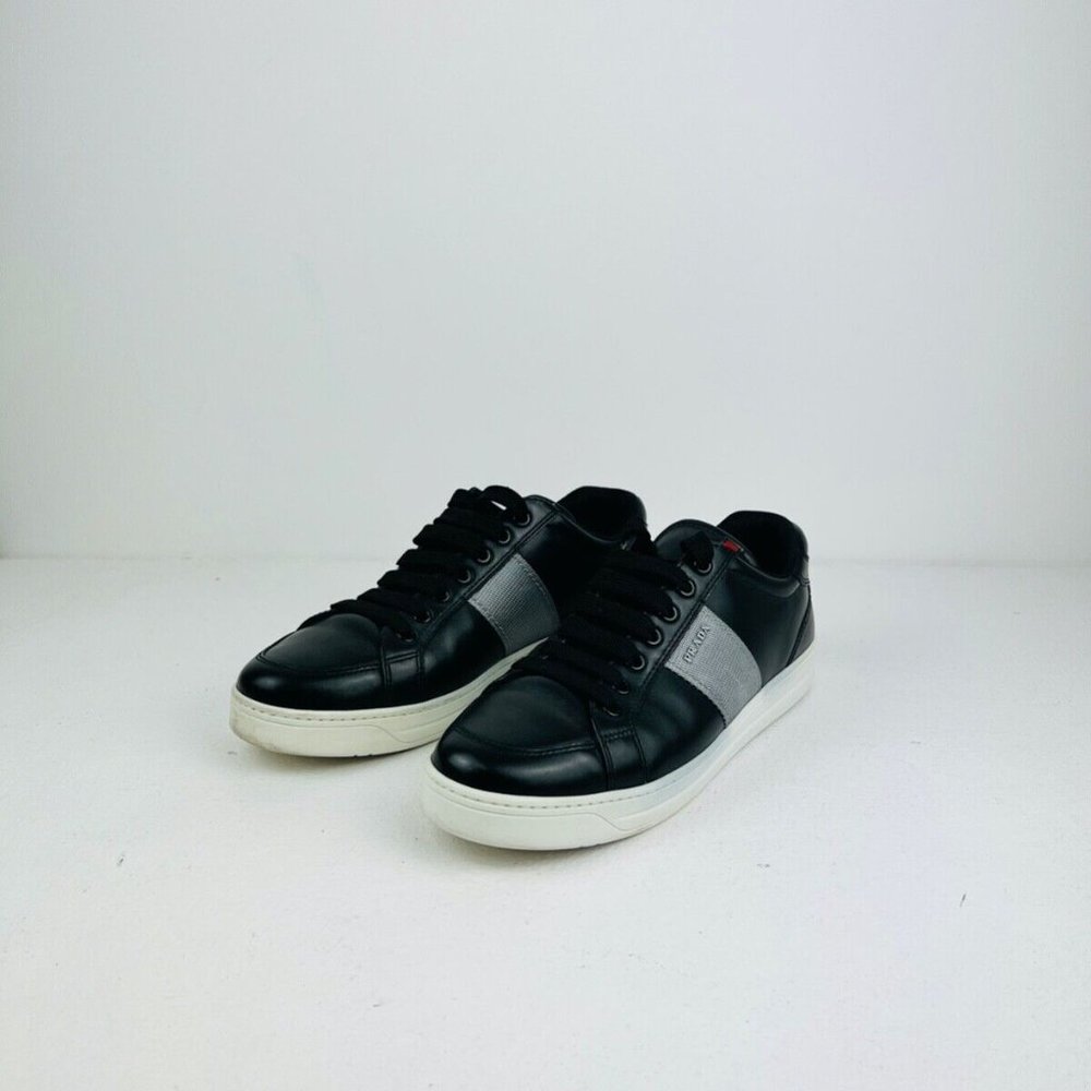 Prada Black Leather Low Top Red Line Logo Chunky Classic Trainers UK 7 - Picture 4 of 12
